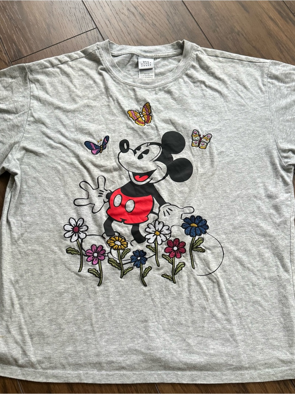 Mickey Mouse Spring Embroidered XL T-Shirt Short Sleeve Butterfly Flowers Grey